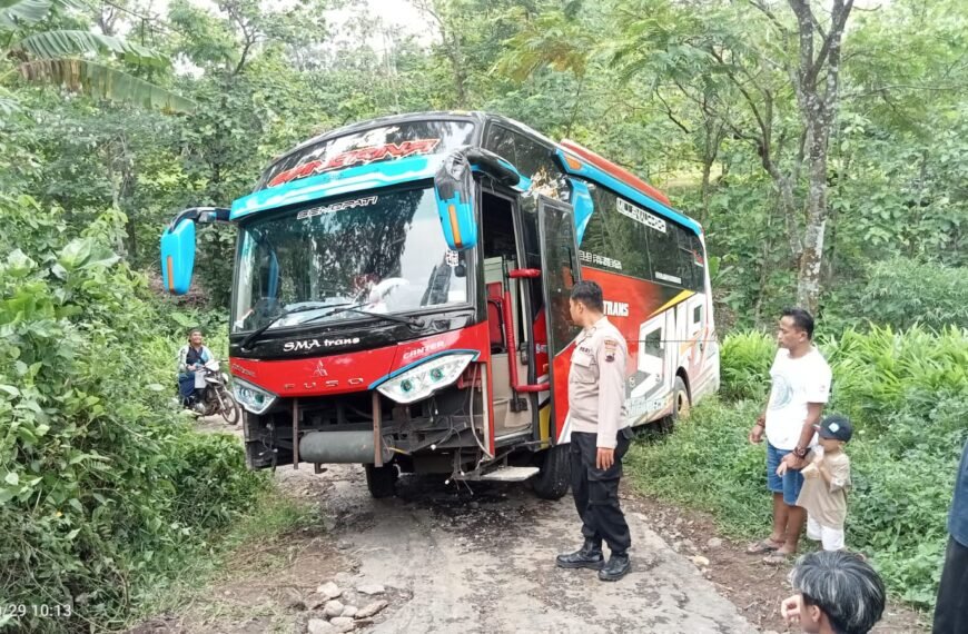 BUS Rombongan Ziarah Terperosok di Tanjakan Desa Plukaran Gembong, Tak Ada Korban Jiwa